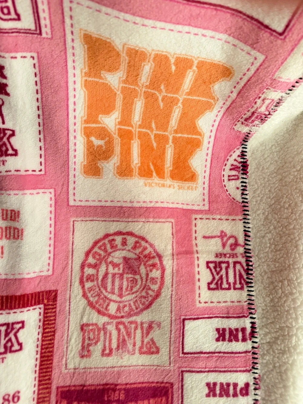 PINK Victoria's Secret Pink and Orange Logo Patchwork Plush Throw